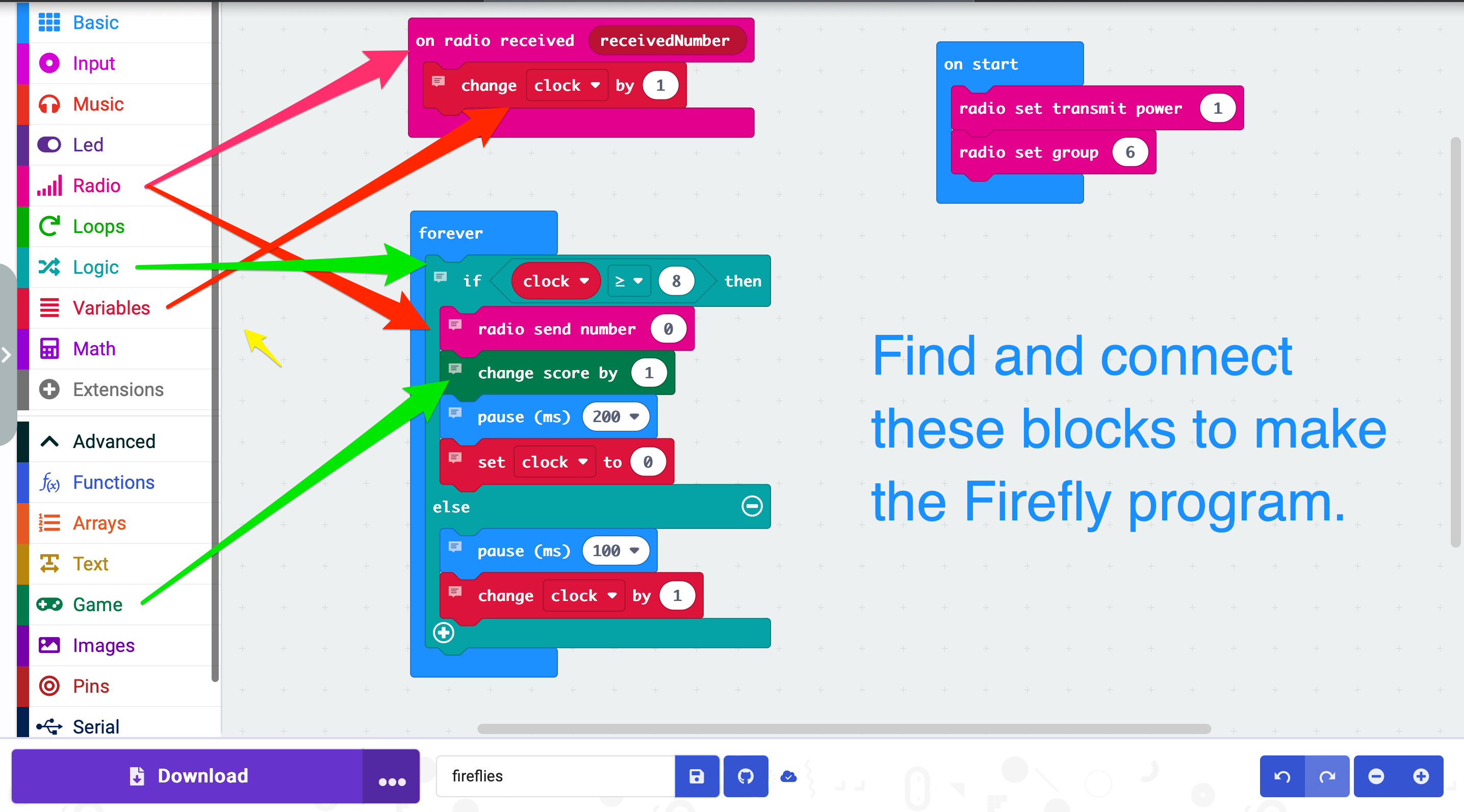 Code blocks for firefly program