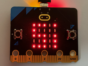 Photo of a micro:bit running the program